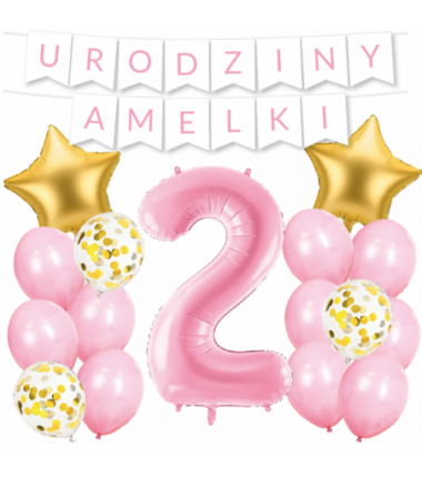 Box balonowy URODZINY + IMIĘ - jasny różowy + 2 różowa + gwiazdki złote