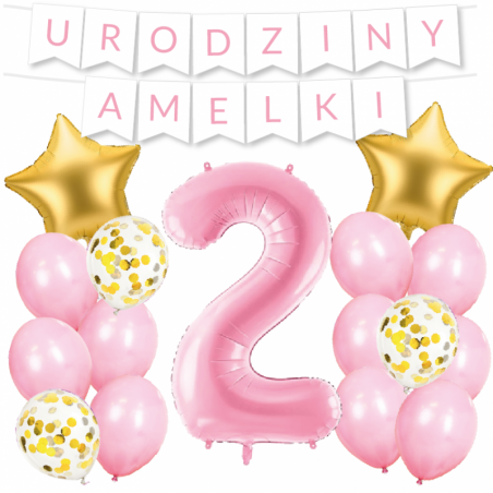 Box balonowy URODZINY + IMIĘ - jasny różowy + 2 różowa + gwiazdki złote
