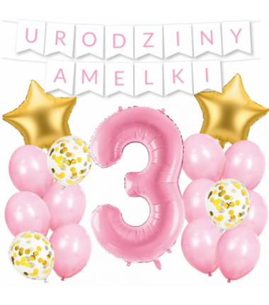 Box balonowy URODZINY + IMIĘ - jasny różowy + 3 różowa + gwiazdki złote