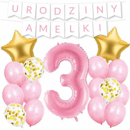 Box balonowy URODZINY + IMIĘ - jasny różowy + 3 różowa + gwiazdki złote