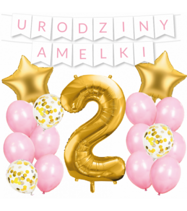 Box balonowy URODZINY + IMIĘ - jasny różowy + 2 złota + gwiazdki złote