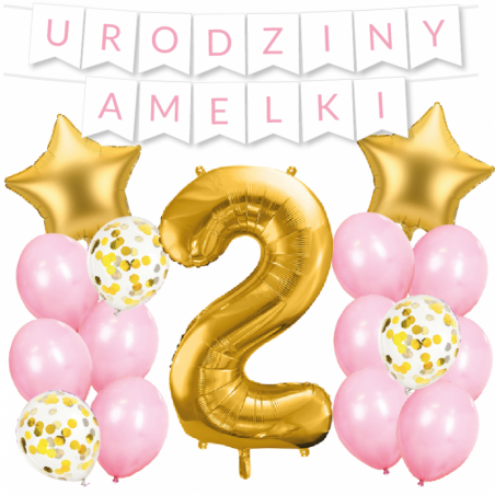 Box balonowy URODZINY + IMIĘ - jasny różowy + 2 złota + gwiazdki złote