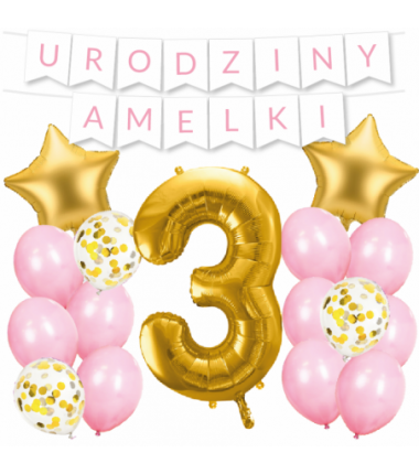 Box balonowy URODZINY + IMIĘ - jasny różowy + 3 złota + gwiazdki złote