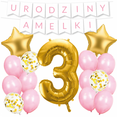 Box balonowy URODZINY + IMIĘ - jasny różowy + 3 złota + gwiazdki złote