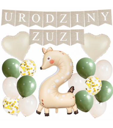 Box balonowy URODZINY + IMIĘ - boho - oliwka + 2 sarenka + serca kremowe