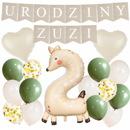 Box balonowy URODZINY + IMIĘ - boho - oliwka + 2 sarenka + serca kremowe