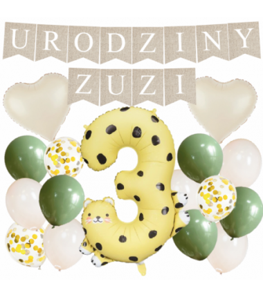 Box balonowy URODZINY + IMIĘ - boho - oliwka + 3 gepard + serca kremowe