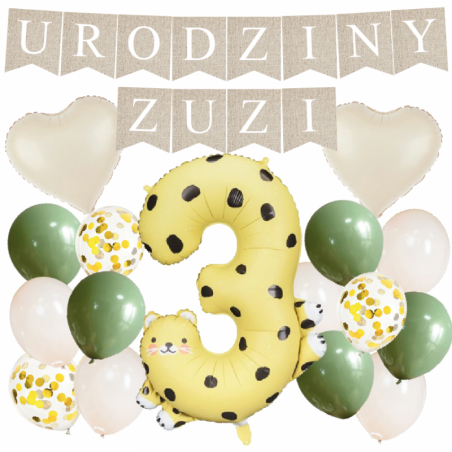 Box balonowy URODZINY + IMIĘ - boho - oliwka + 3 gepard + serca kremowe
