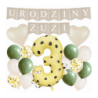 Box balonowy URODZINY + IMIĘ - boho - oliwka + 3 gepard + serca kremowe