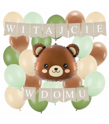 Box balonowy WITAJCIE W DOMU kraft - miś głowa +balony zielone