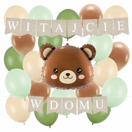 Box balonowy WITAJCIE W DOMU kraft - miś głowa +balony zielone