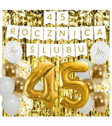 Zestaw balonów na 45 ROCZNICĘ ŚLUBU - baner i złote cyfry