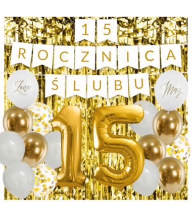 Zestaw balonów na 15 ROCZNICĘ ŚLUBU - baner i złote cyfry