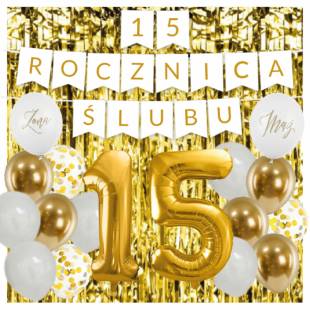 Zestaw balonów na 15 ROCZNICĘ ŚLUBU - baner i złote cyfry