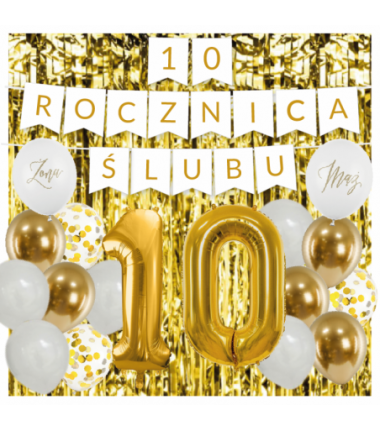 Zestaw balonów na 10 ROCZNICĘ ŚLUBU - baner i złote cyfry