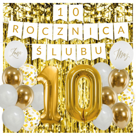 Zestaw balonów na 10 ROCZNICĘ ŚLUBU - baner i złote cyfry