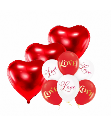 Zestaw balonów lateksowych LOVE + 3 serca czerwone foliowe
