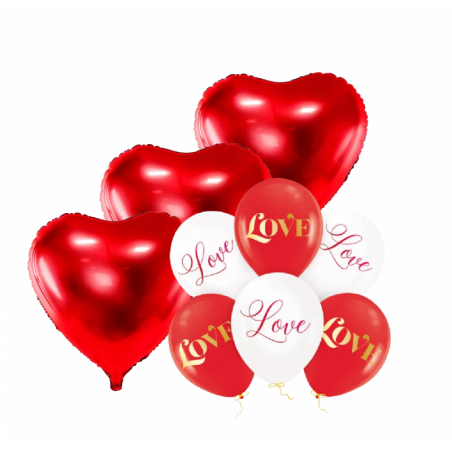 Zestaw balonów lateksowych LOVE + 3 serca czerwone foliowe