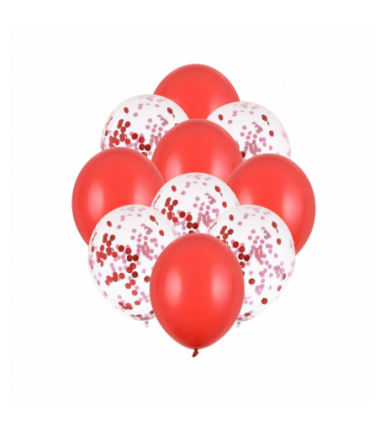 Balony mix czerwone + konfetti 30 cm - 10 sztuk