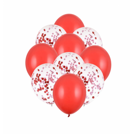 Balony mix czerwone + konfetti 30 cm - 10 sztuk
