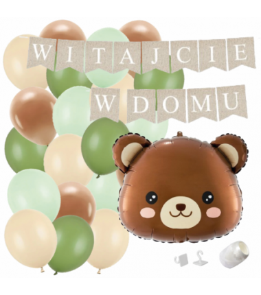 Box balonowy WITAJCIE W DOMU kraft - miś głowa + balony zielone