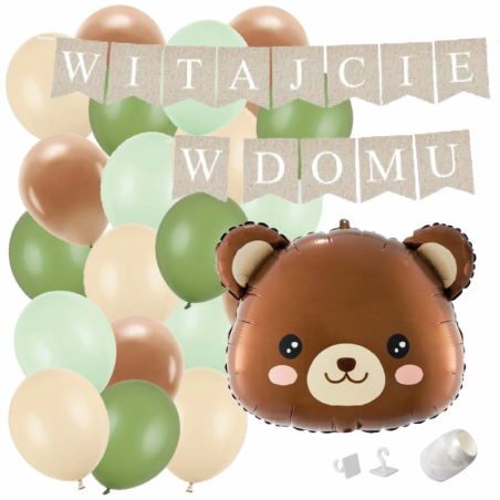 Box balonowy WITAJCIE W DOMU kraft - miś głowa + balony zielone