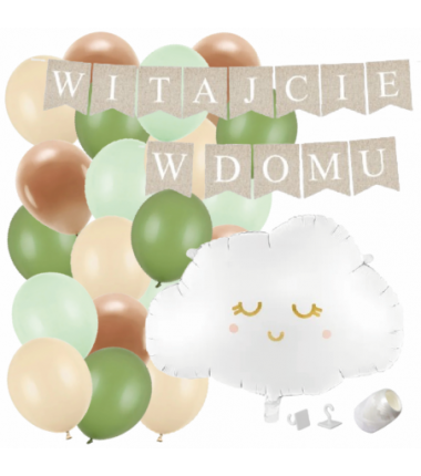 Box balonowy WITAJCIE W DOMU kraft - chmurka + balony zielone