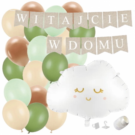Box balonowy WITAJCIE W DOMU kraft - chmurka + balony zielone