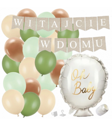 Box balonowy WITAJCIE W DOMU kraft - oh baby + balony zielone