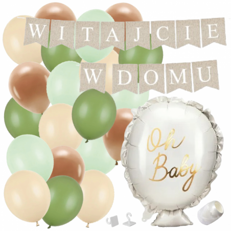 Box balonowy WITAJCIE W DOMU kraft - oh baby + balony zielone