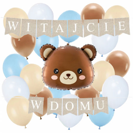 Box balonowy WITAJCIE W DOMU kraft - miś głowa + balony niebieskie