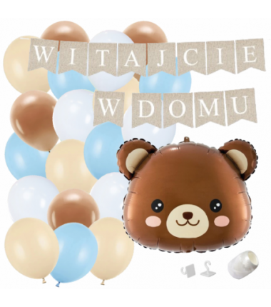 Box balonowy WITAJCIE W DOMU kraft - miś głowa + balony niebieskie