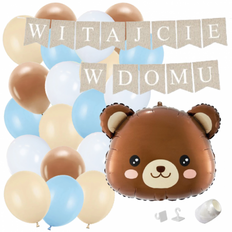 Box balonowy WITAJCIE W DOMU kraft - miś głowa + balony niebieskie