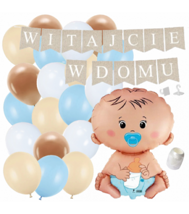 Box balonowy WITAJCIE W DOMU kraft - bobas chłopiec + balony niebieskie
