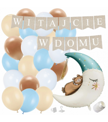 Box balonowy WITAJCIE W DOMU kraft - księżyc + balony niebieskie