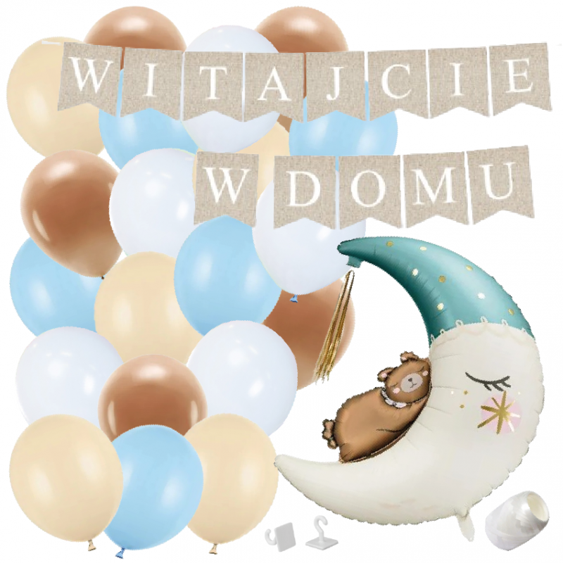 Box balonowy WITAJCIE W DOMU kraft - księżyc + balony niebieskie