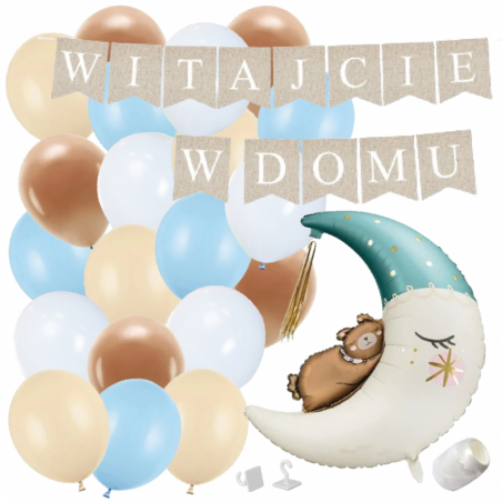 Box balonowy WITAJCIE W DOMU kraft - księżyc + balony niebieskie