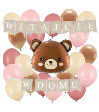 Box balonowy WITAJCIE W DOMU kraft - miś głowa + balony różowe