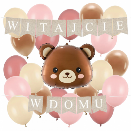 Box balonowy WITAJCIE W DOMU kraft - miś głowa + balony różowe