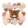 Box balonowy WITAJCIE W DOMU kraft - miś głowa + balony różowe