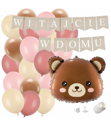 Box balonowy WITAJCIE W DOMU kraft - miś głowa + balony różowe