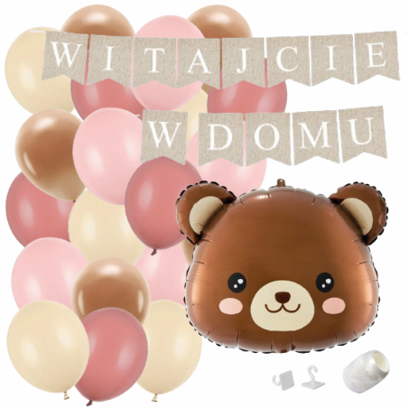 Box balonowy WITAJCIE W DOMU kraft - miś głowa + balony różowe