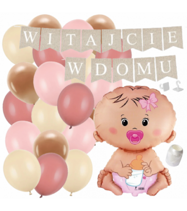 Box balonowy WITAJCIE W DOMU kraft - bobas dziewczynka + balony różowe