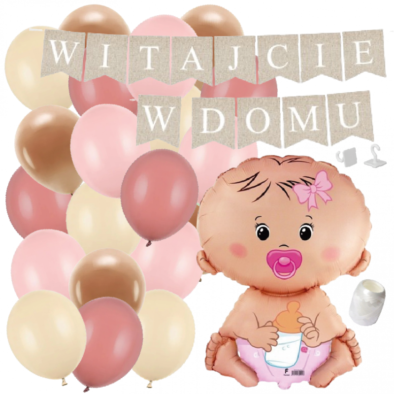 Box balonowy WITAJCIE W DOMU kraft - bobas dziewczynka + balony różowe