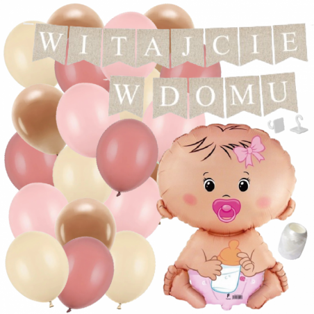 Box balonowy WITAJCIE W DOMU kraft - bobas dziewczynka + balony różowe