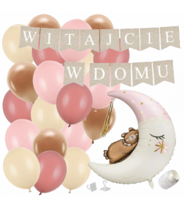 Box balonowy WITAJCIE W DOMU kraft - księżyc + balony różowe