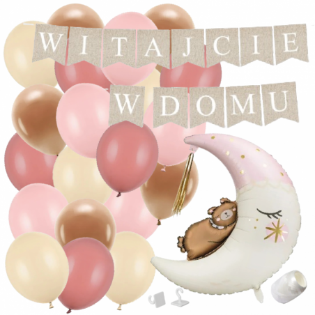 Box balonowy WITAJCIE W DOMU kraft - księżyc + balony różowe