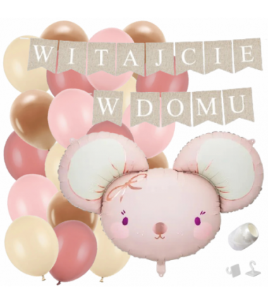 Box balonowy WITAJCIE W DOMU kraft - myszka + balony różowe