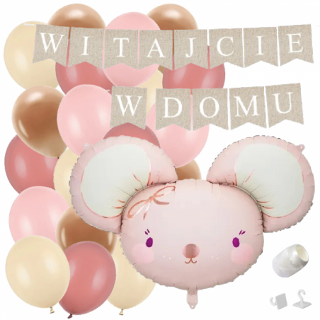 Box balonowy WITAJCIE W DOMU kraft - myszka + balony różowe