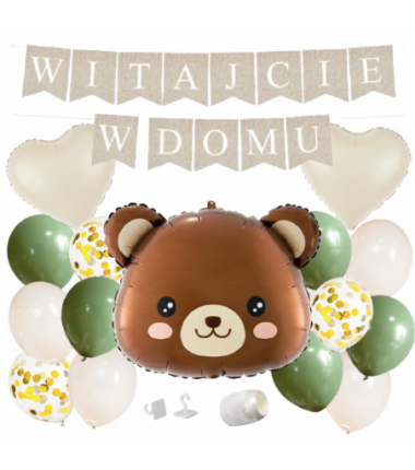 Box balonowy WITAJCIE W DOMU - boho - oliwka + miś głowa